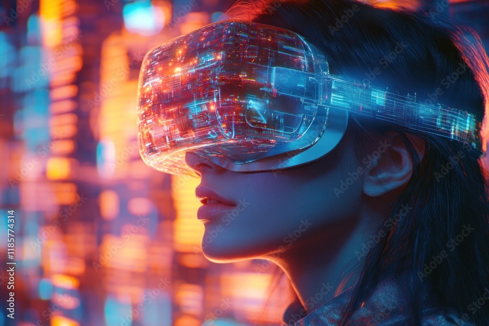 Woman Wearing VR Headset with Futuristic Interface Woman Wearing VR Headset with Futuristic Interface