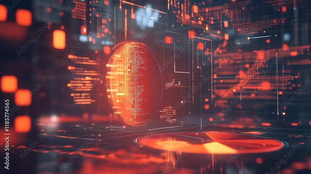 Obraz premium Vibrant digital artwork showcasing a glowing sphere representing data flow within a complex network.