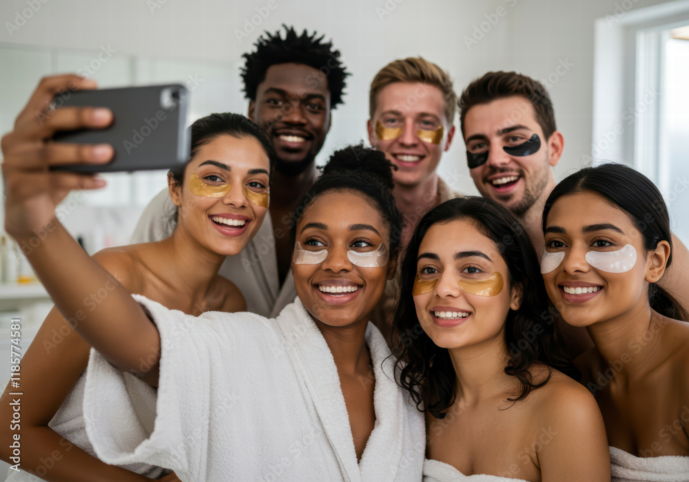 Obraz premium Happy Group Selfie at Indoor Spa Party with Eye Patches