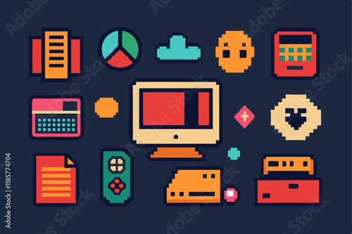 Retro pixelated icon collection for web and digital aesthetic design
