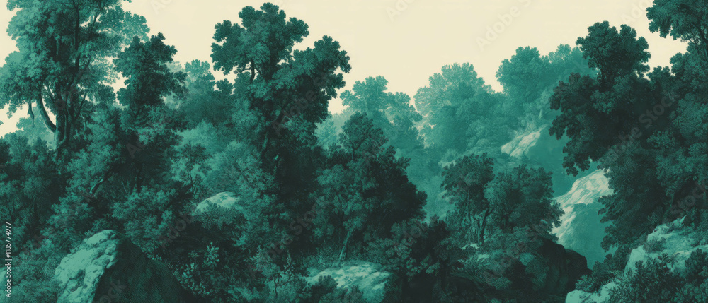 Fototapeta premium Intricate vintage toile pattern depicting lush forest scenery and detailed foliage