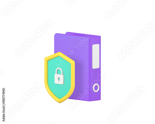 Business document file data protection security storage 3d icon realistic vector illustration. Database protect with lock shield and folder archive insurance privacy safety guarding encryption