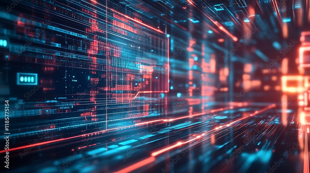 Digital data streams flow through a futuristic cyberspace. Red and blue lights illuminate the abstract technology. Digital data streams flow through a futuristic cyberspace. Red and blue lights illuminate the abstract technology.
