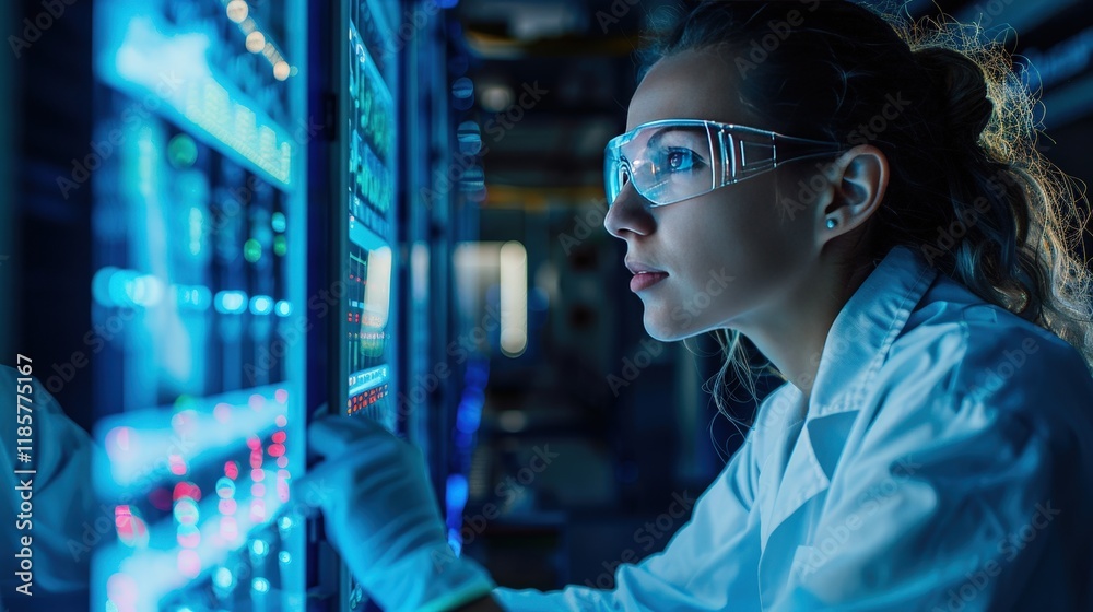 Focused Technician Analyzing Energy Storage Data in a High-Tech Environment Focused Technician Analyzing Energy Storage Data in a High-Tech Environment