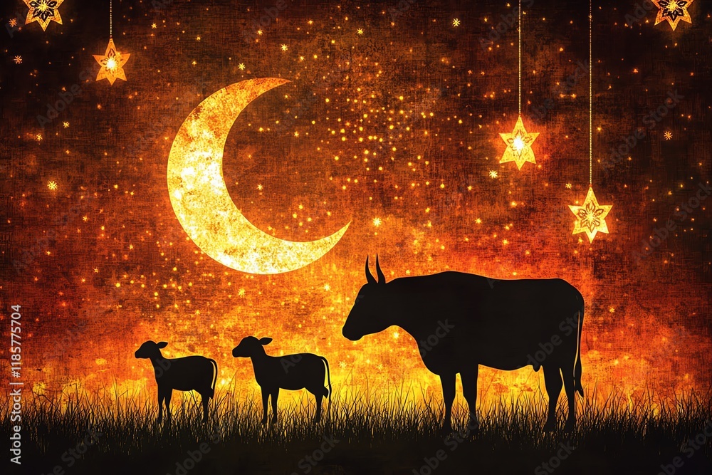 Silhouetted Cattle and Lambs under a Golden Crescent Moon Silhouetted Cattle and Lambs under a Golden Crescent Moon