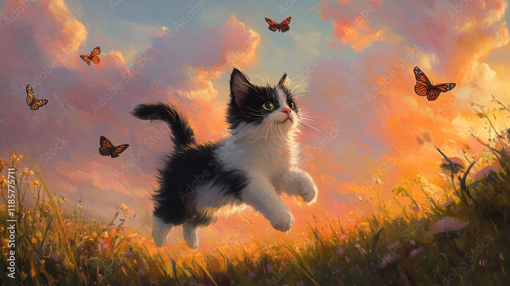 Obraz premium A cheerful black-and-white cat chasing butterflies in a meadow, with a vibrant sky full of soft, pinkish clouds during sunset.