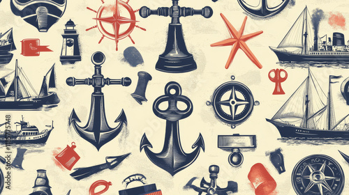 Nautical seamless pattern background with vintage marine items. Anchor, helm and rope, sail ship, compass and captain with cap and pipe, lighthouse, bell and antique sextant. Vector illustration
