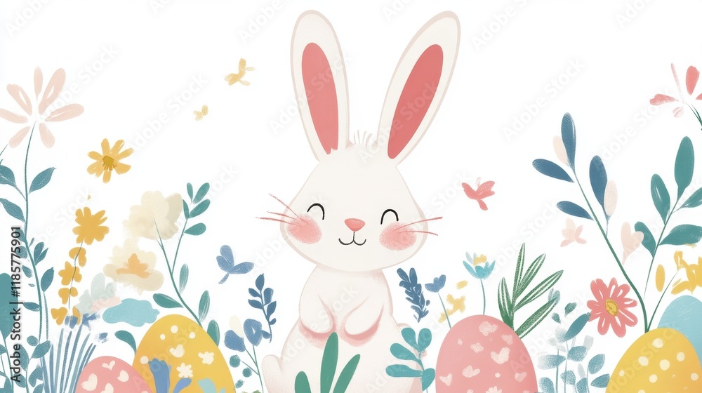 A cheerful Easter bunny surrounded by pastel-colored eggs and flowers, set against a white background. A cheerful Easter bunny surrounded by pastel-colored eggs and flowers, set against a white background.