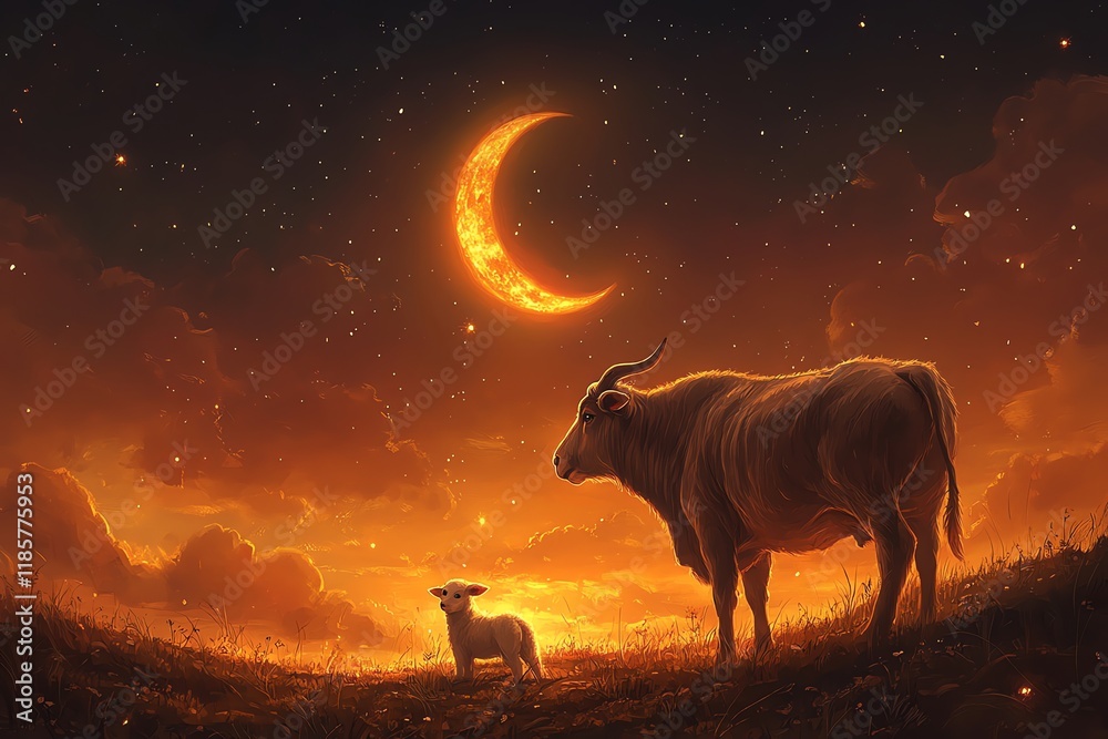 Nocturnal Taurus: Ox and Lamb Under a Fiery Crescent Moon Nocturnal Taurus: Ox and Lamb Under a Fiery Crescent Moon