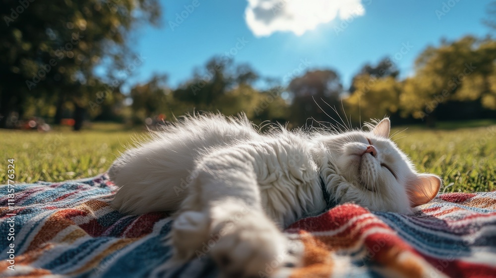 A content Persian cat stretching on a picnic blanket in a sunny park, with a deep blue sky and green trees in the distance. A content Persian cat stretching on a picnic blanket in a sunny park, with a deep blue sky and green trees in the distance.