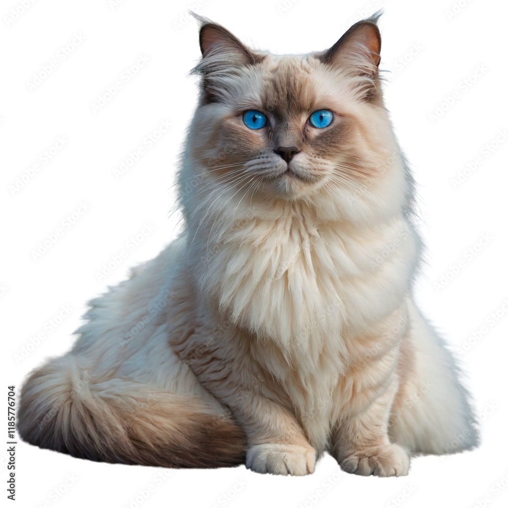 Fototapeta premium a long haired cat with blue eyes sitting down Beautiful Ragdoll Cat Illustration with Striking Blue Eyes â€“ Ideal for Pet Lovers, Decor, and Educational Material