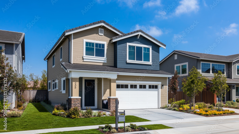 Modern two-story residential house exterior with garage, vector home facade. Suburban neighborhood flat apartments or villa building, cottage or village townhouse with attic, real estate architecture Modern two-story residential house exterior with garage, vector home facade. Suburban neighborhood flat apartments or villa building, cottage or village townhouse with attic, real estate architecture