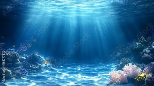 Underwater scene with sunbeams, coral reef, and fish.