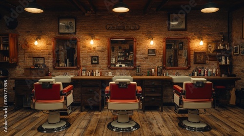 Vintage Barbershop Interior With Classic Chairs and Warm Lighting. Generative AI photo