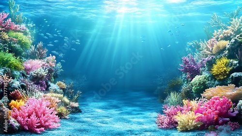 Fototapeta Naklejka Na Ścianę i Meble -  Vibrant coral reef scene with colorful corals, diverse fish, and sunbeams penetrating the clear ocean water.