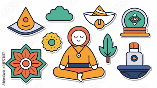 Abstract sticker collection featuring meditation and nature elements on white background