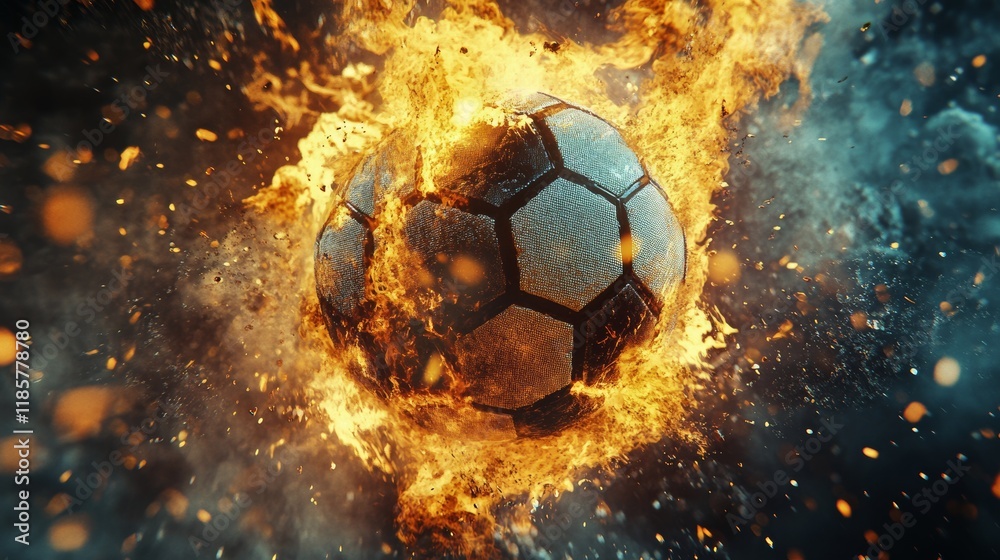Fototapeta premium Football sports tournament modern poster template. Football ball exploding by elements fire and water. Soccer ball. 3d illustration.