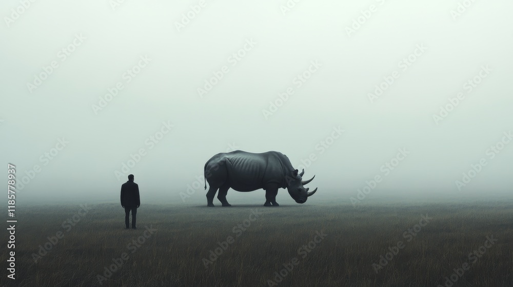 Obraz premium Man observing a rhino in a foggy field.