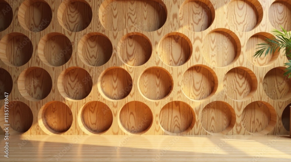 Warm Light Illuminates Circular Recessed Shelving in a Modern Minimalist Wooden Room Design Warm Light Illuminates Circular Recessed Shelving in a Modern Minimalist Wooden Room Design