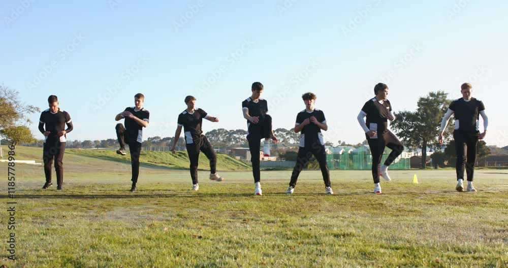 Cricket players warming up on field, performing leg stretches and exercises Cricket players warming up on field, performing leg stretches and exercises