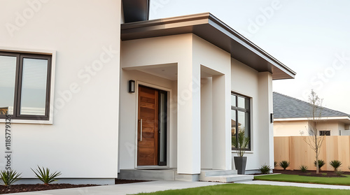 Modern house exterior showcasing off-white stucco siding, dark-framed windows, a wood front door, and a partially visible grey roofline. The landscaping includes small plants and a short lawn.