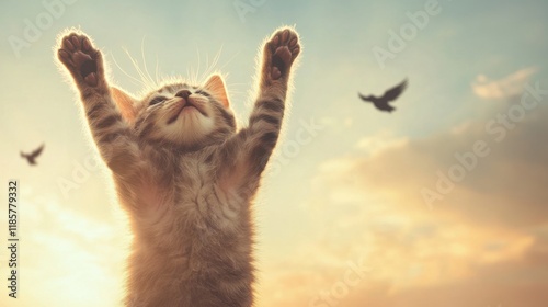 A happy gray kitten raised high against a wide-open sky, with birds flying in the distance and sunlight streaming through. photo