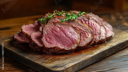 Sliced Raw venison dear meat for a stew, game meat on butcher cutting board. Wooden background. Top view. Copy space.