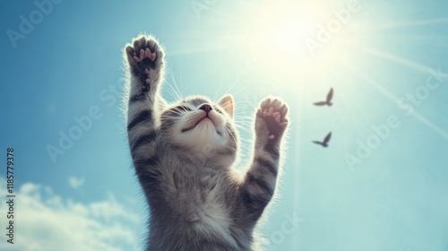 A happy gray kitten raised high against a wide-open sky, with birds flying in the distance and sunlight streaming through. photo