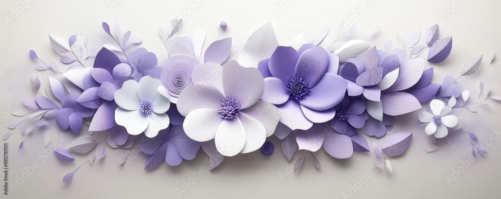 A beautiful arrangement of handcrafted flowers adorns a wall, featuring various shades of purple and white. The design highlights intricate paper textures and elegant shapes, showcasing artistry. A beautiful arrangement of handcrafted flowers adorns a wall, featuring various shades of purple and white. The design highlights intricate paper textures and elegant shapes, showcasing artistry.