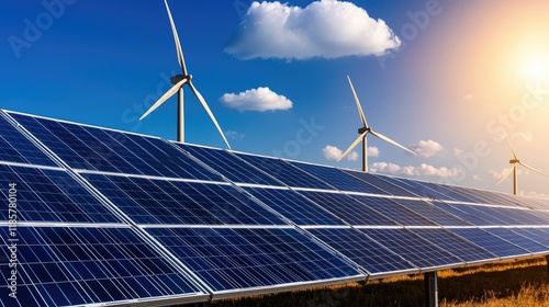 Harnessing renewable energy solar panels and wind turbines at a green power plant sunny environment sustainable vision