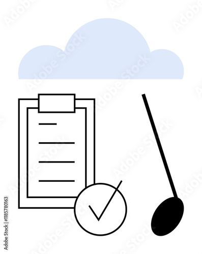 Cloud hovering above a checklist, tick mark, and musical note in black and white. Ideal for cloud storage, organization, productivity, digital accessibility, music syncing, creativity abstract line