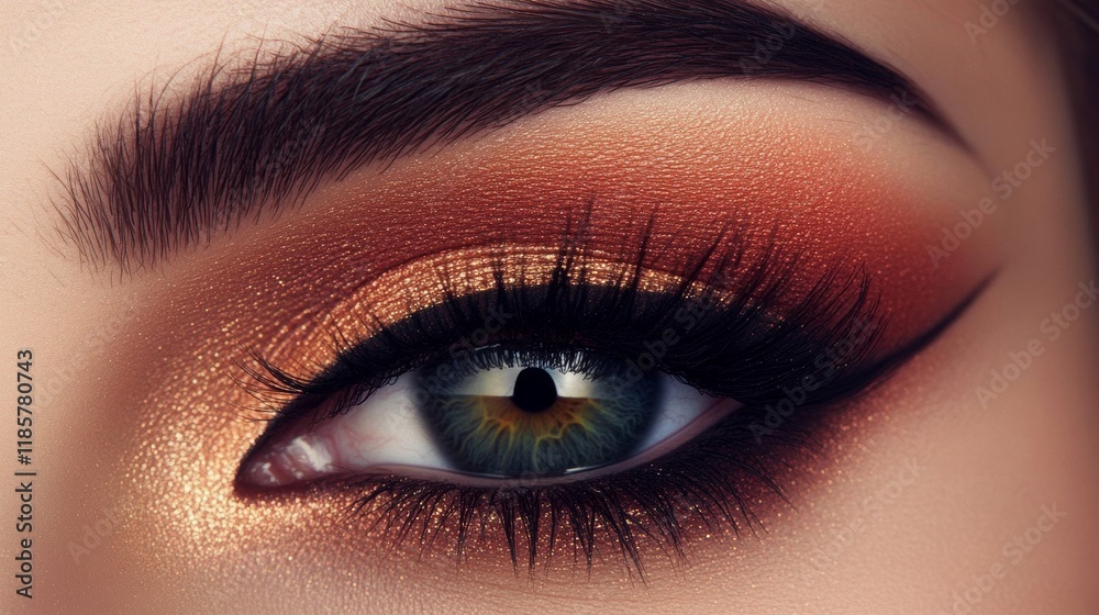 Obraz premium Closeup female eyes with bright make-up, great shapes brows, extreme long eyelashes. Celebrate makeup, luxury eyeshadows. Macro of beautiful eye. Good vision