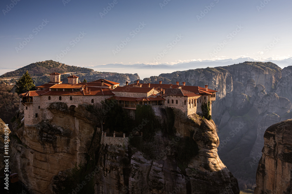 Monastery of Varlaam in Meteora. Amazing view of second biggest orthodox monastery in Meteora, Greece. Beautiful sunset light over Meteora.