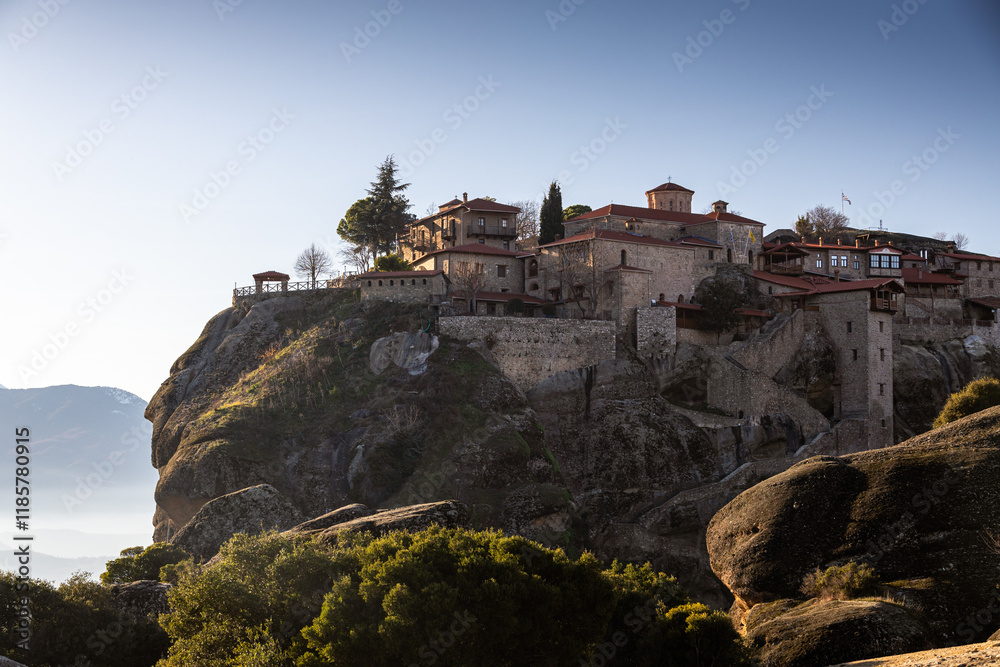 Monastery of Varlaam in Meteora. Amazing view of second biggest orthodox monastery in Meteora, Greece. Beautiful sunset light over Meteora.