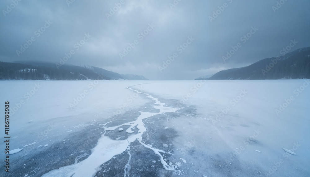 Fototapeta premium Frozen lake with crack under overcast winter sky