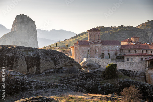 Monastery of Varlaam in Meteora. Amazing view of second biggest orthodox monastery in Meteora, Greece. Beautiful sunset light over Meteora. photo