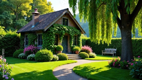 Charming Stone Cottage Nestled Amidst Lush Greenery and Flowering Plants  Featuring a Winding Pathway and a Peaceful Garden Bench
