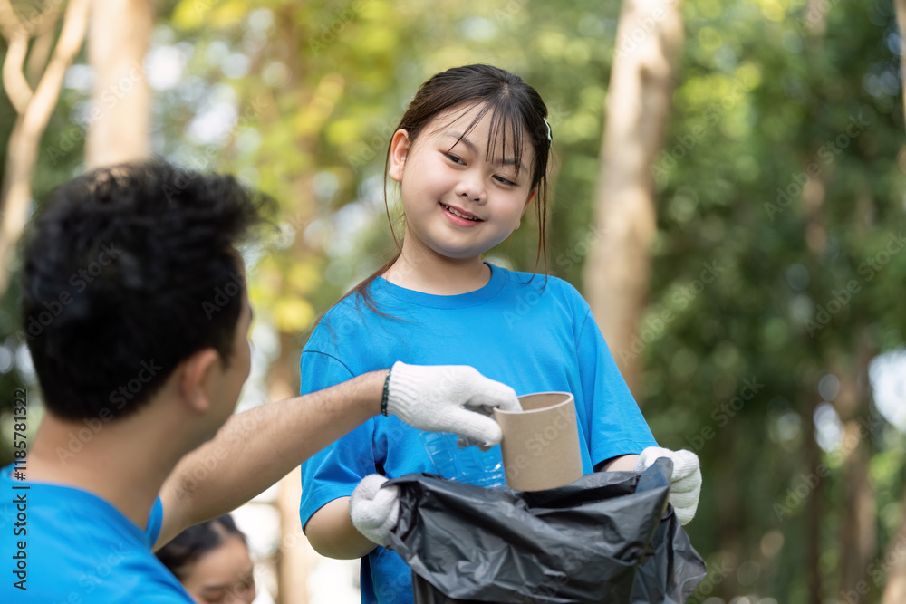 Child helping parent during a volunteer garbage collection event in the park Child helping parent during a volunteer garbage collection event in the park