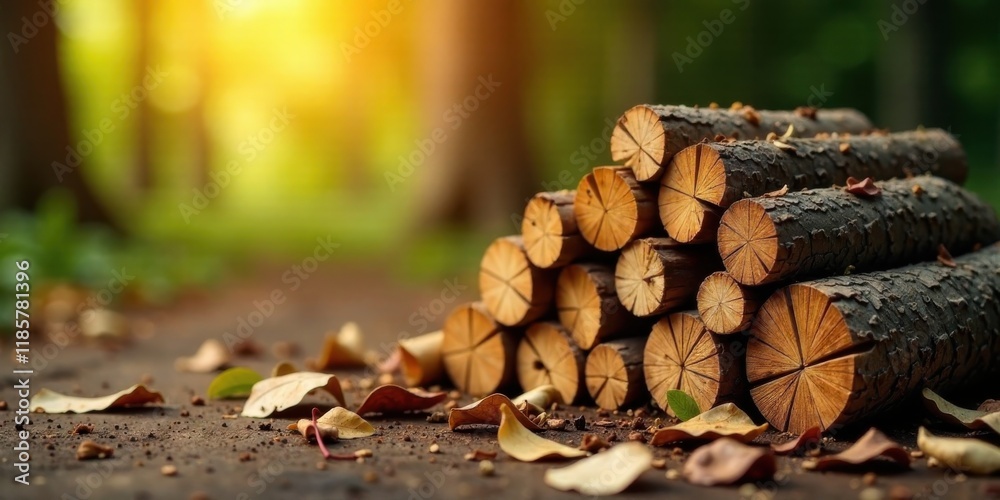 A stack of neatly arranged logs rests on the forest floor, surrounded by fallen autumn leaves, bathed in the warm glow of the setting sun. A stack of neatly arranged logs rests on the forest floor, surrounded by fallen autumn leaves, bathed in the warm glow of the setting sun.