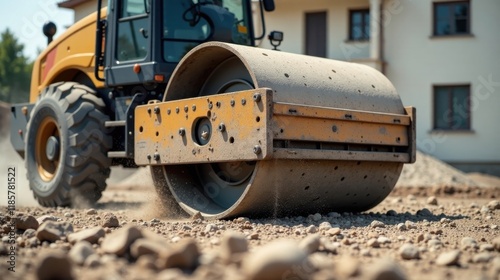 Heavy-duty construction roller compactor operating on a gravel surface near a residential building during daylight hours