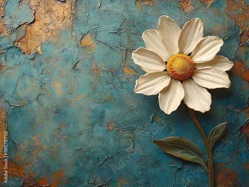 White flower on teal textured background with gold spots, for art projects photo