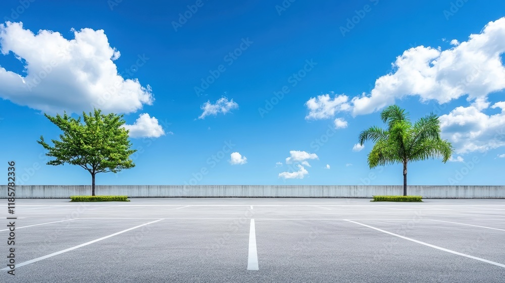 Fototapeta premium Spacious asphalt parking lot surrounded by trees under a clear blue sky with fluffy white clouds.
