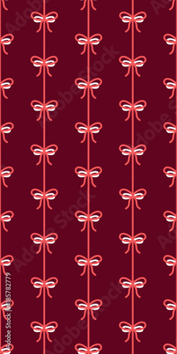 Elegant Bow and Ribbon Pattern on Deep Burgundy Background Valentines Day seamless pattern Vertical social media stories reels design element, 14 February and anniversary. Vertical poster