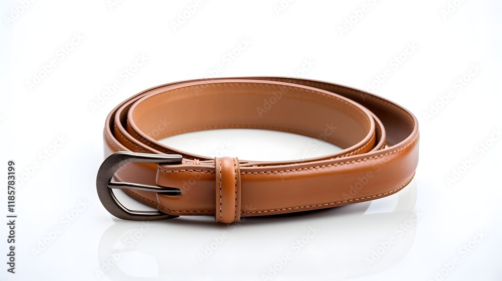 A leather belt coiled in a tidy circular pattern against a plain white background The simple minimalist composition highlights the classic design and texture of the accessory A leather belt coiled in a tidy circular pattern against a plain white background The simple minimalist composition highlights the classic design and texture of the accessory