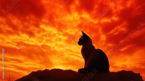 A relaxed Siamese cat being gently lifted toward a sunset sky, its silhouette framed by warm orange and red hues.
