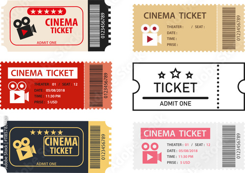 Set of cinema tickets, set of retro cinema tickets isolated on white background. Vector, cartoon illustration. Vector.