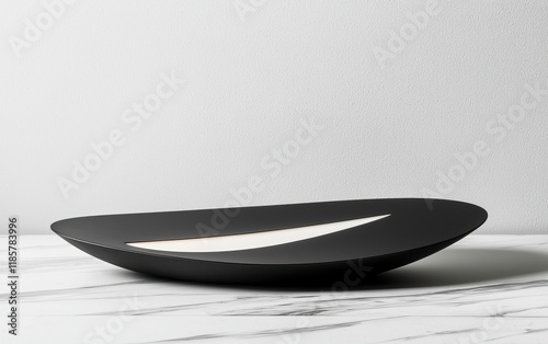 Minimalist black podium with sharp edges and a glowing white outline for sleek and contemporary product displays photo