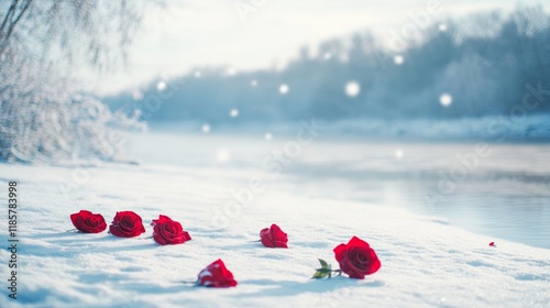 Red Roses Laying on Snowy Ground by a Calm Winter River Scene