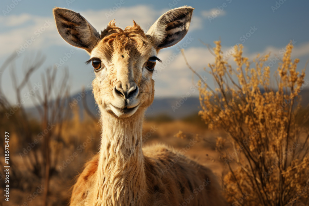 an animal resembling a llama or alpaca standing in a desert landscape. an animal resembling a llama or alpaca standing in a desert landscape.