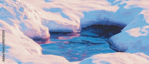 Melting snow and water forming a natural pattern in a serene winter landscape photo